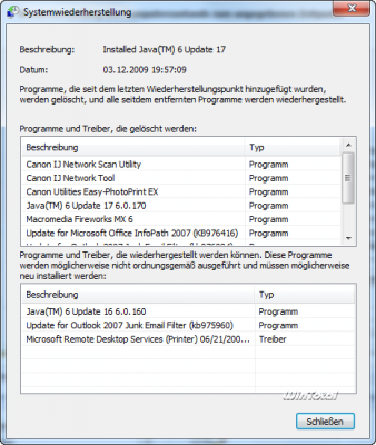 Details zum Wiederherstellungspunkt