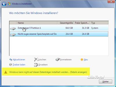 Wahl der Partition für die Installation