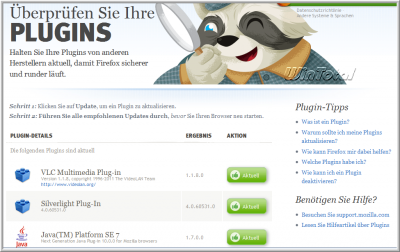 Plugincheckseite von Mozilla