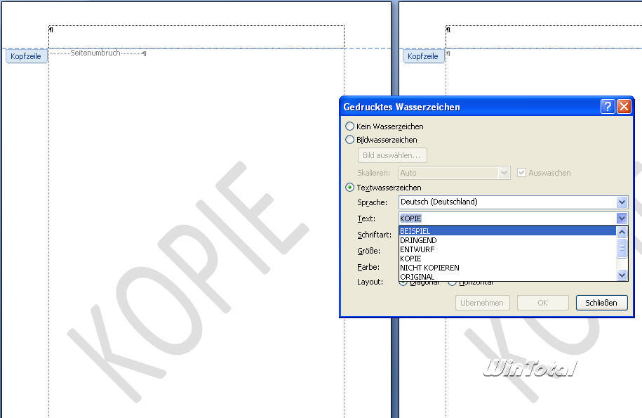 2013 entwurf word wasserzeichen Position und