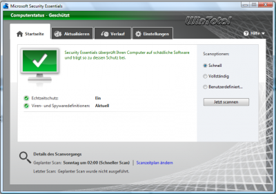 Die Startseite von Microsoft Security Essentials 2