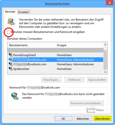 Automatische Windows-Anmeldung bis Windows 8.1