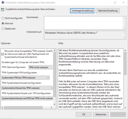 Richtlinie Bitlocker ohne TPM zulassen