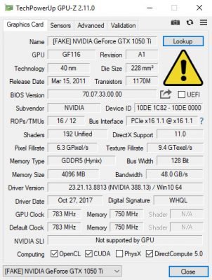 GPU-Z Daten einer gefälschten Grafikkarte