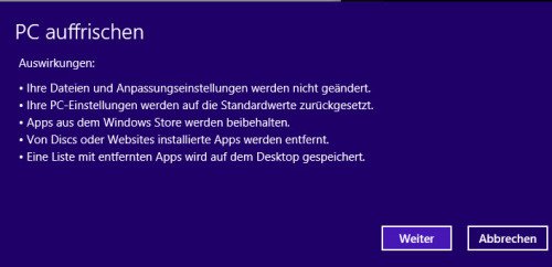 Windows 8, Auffrischen, Artikel