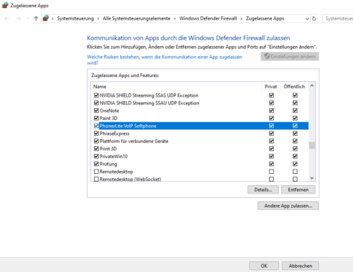 PhonerLite als Ausnahme in der Firewall