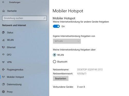 Mobiler Hotspot in Windows 10