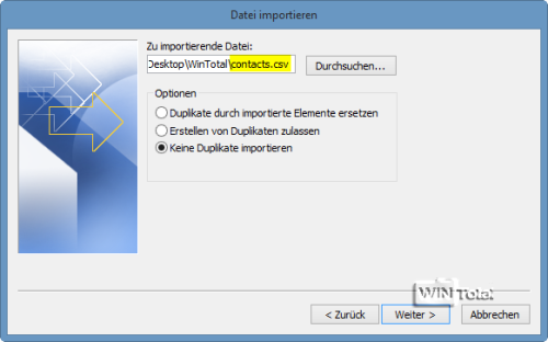 Zu importierende Datei contacts.csv