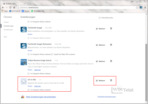 Google Chrome Erweiterung Url in title aktiviert