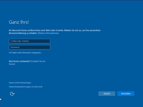 Microsoft Konto Anmeldung während der Installation