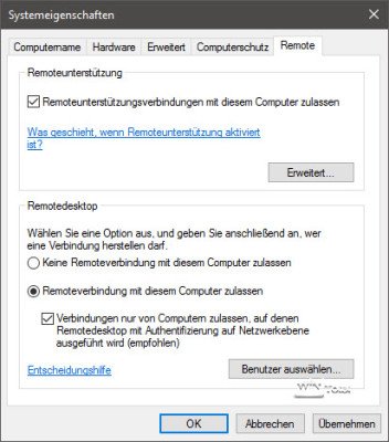 Remotedesktop in Windows 7 finden Sie in den Systemeigenschaften.