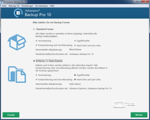 Ashampoo Backup Pro Formatwahl