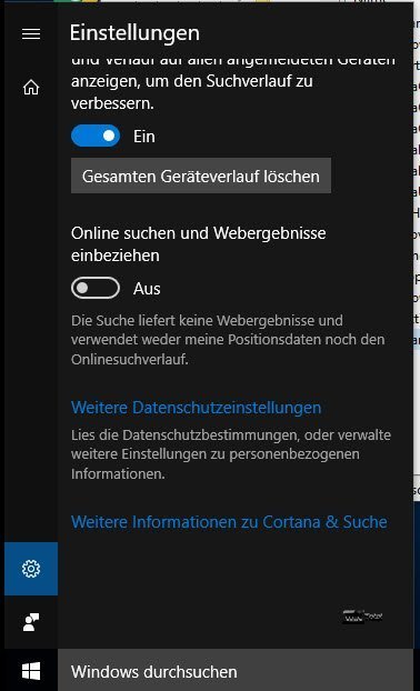 Onlinesuche aus Cortana