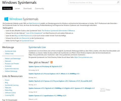 Sysinternals Webseite
