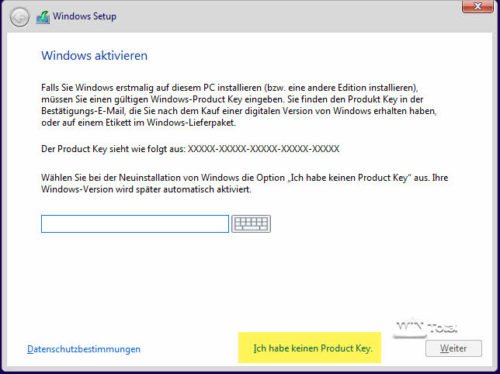 Eingabe eines Product-Keys von Windows 7 ode Windows 8.x ist möglich