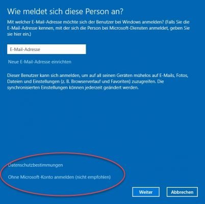 Ohne Microsoft-Konto anmelden