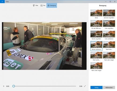 Foto-App in Windows 10, Bewegungen