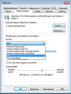 Audio-Format im Windows Media Player einstellen