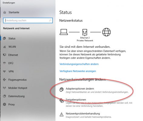 Adapteroptionen in Windows 10 ändern