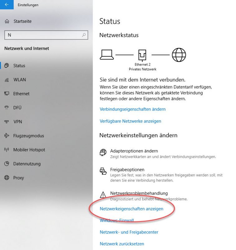 Netzwerkeigenschaften in Windows 10 anzeigen