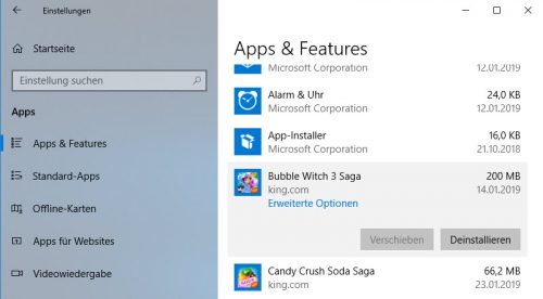 Apps deinstallieren in Windows 10