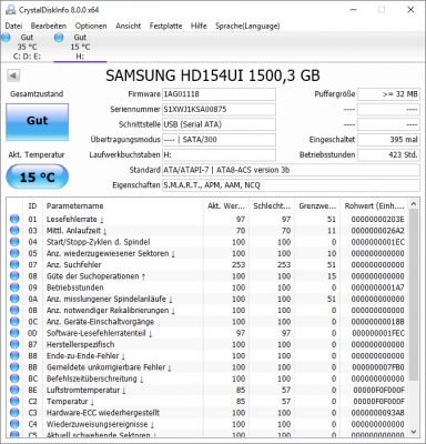 CrystalDiskInfo zeigt die S.M.A.R.T.-Werte an