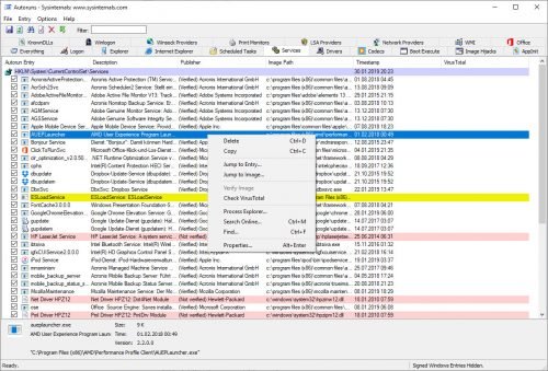 Das Tool Autoruns zeigt alle Autostart-Einträge an.