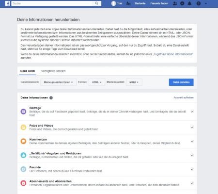 Ansicht zum Herunterladen der Facebook-Kontoinformationen