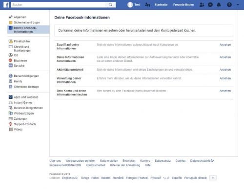 Das Übersicht-Fenster "Deine Facebook-Informationen".