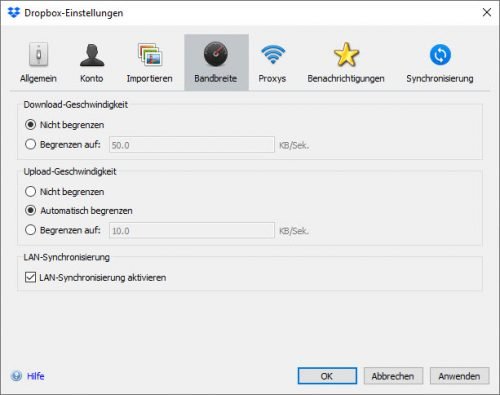 Bandbreite in Dropbox limitieren