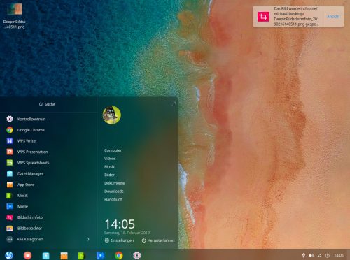 Linux Deepin mit Taskleiste und Startmenü