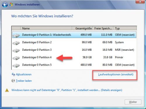 Installation von Windows 7 Partitionen löschen