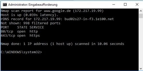 Ergebnis eines einfachen Scans mit nmap am Beispiel Google