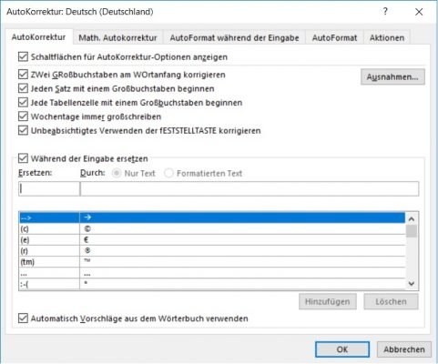 Autokorrektur-Einstellungen in Outlook 365.