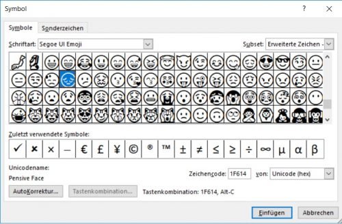 Standard-Emoji-Symbole in Outlook 365.