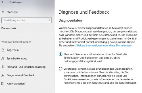 Diagnose und Feedback in den Einstellungen