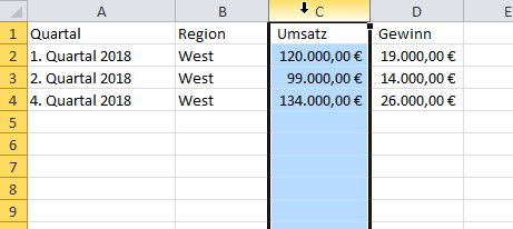 Markierte Spalte in Excel