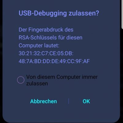 Lassen Sie das USB-Debugging zu, indem Sie die Anfrage des Superusers auf Ihrem Android-Smartphone bestätigen.