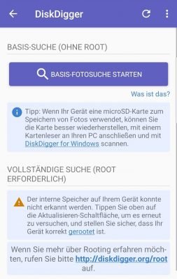 Starten Sie die Basis-Fotosuche in DiskDigger, um ohne Root nach gelöschten Bildern unter Android zu suchen.