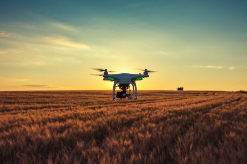 Drohne fliegt über Feld