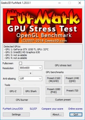 Das Startfenster von FurMark: Die gefundenen GPUs werden in einer Liste angezeigt.
