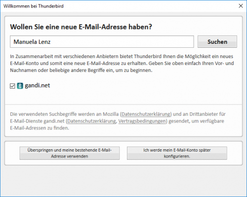Möglichkeit E-Mail Konto in Thunderbird zu eröffnen