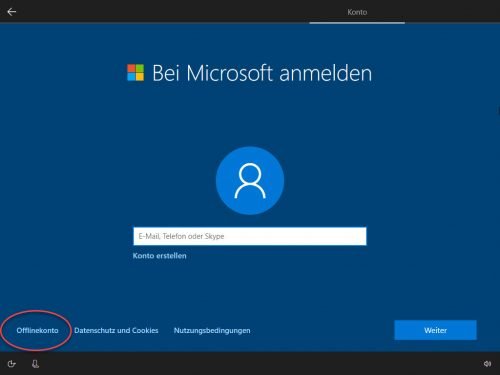 Offlinekonto in Windows 10
