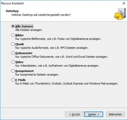 Geben Sie an, welche Arten von Dateien Sie wiederherstellen möchten.