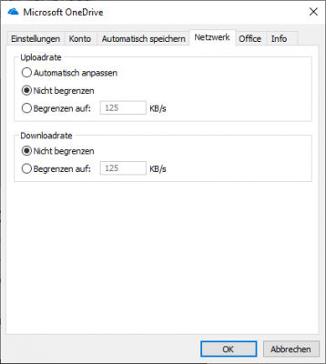 Uploadrate und Downloadrate von OneDrive