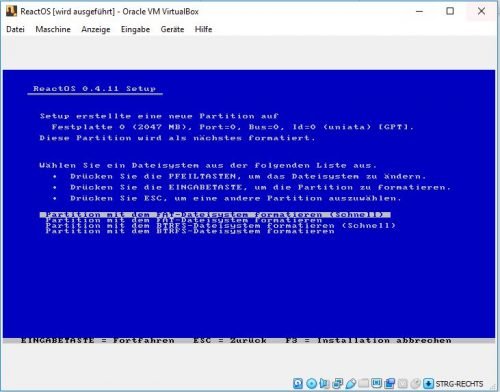 ReactOS Installation Dateisystem