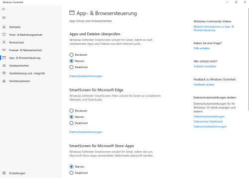 App und Browsersteuerung durch SmartScreen