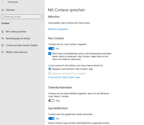 Einstellungen Cortana