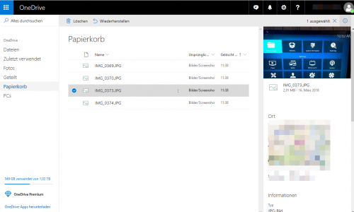 Papierkorb in OneDrive