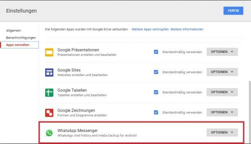 WhatsApp Google Drive Speicherplatz exportierte Daten